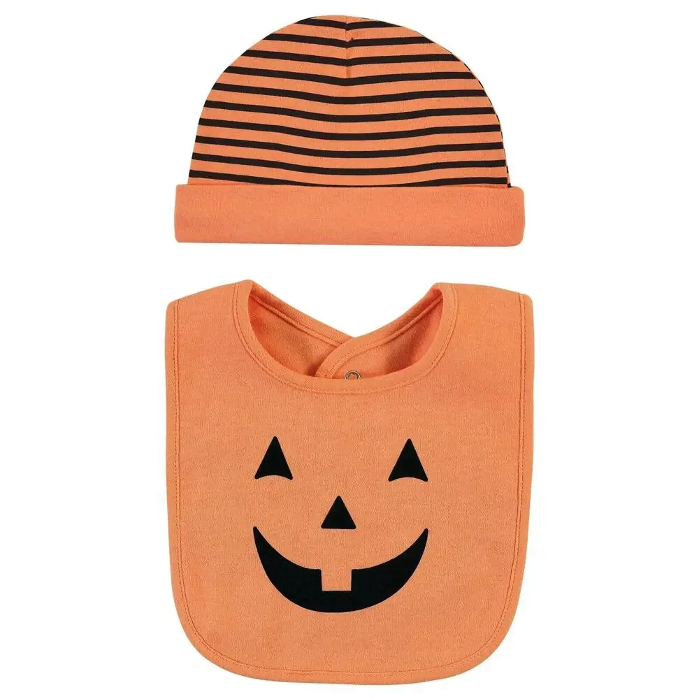 Hudson Baby Unisex Baby Cotton Bib & Headband or Caps Set Pumpkin One Size 0-6M - Picture 5 of 12